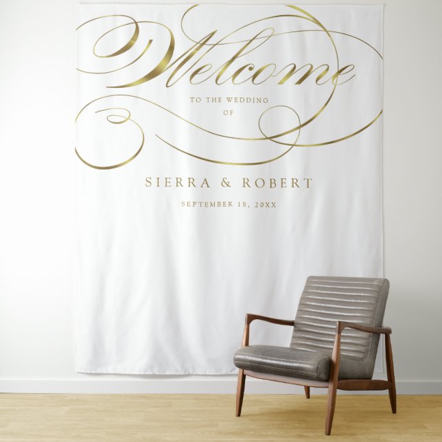 Wedding Welcome Elegant Faux Gold Foil Script Tapestry (In Situ)