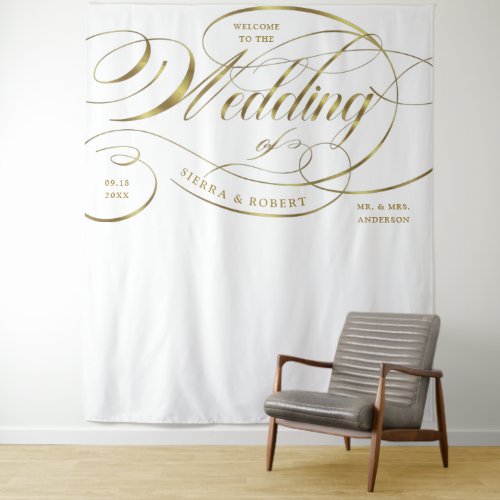 Wedding Welcome Elegant Gold Curved Script Banner Tapestry