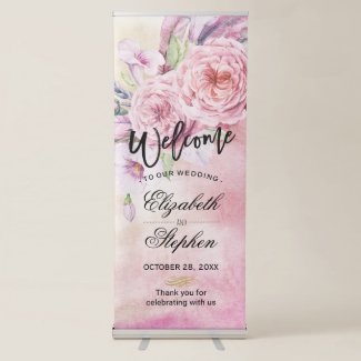 Wedding Welcome Elegant Watercolor Floral Feathers Retractable Banner