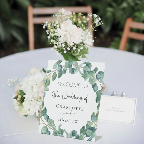 Wedding welcome eucalyptus greenery names pedestal sign