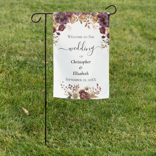 Wedding Welcome Garden Flag Burgundy Gold Floral  (In SItu)