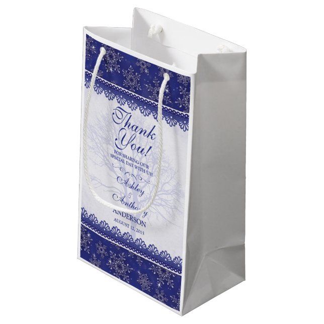 Wedding Welcome Gift Bag Blue Winter Snowflake (Back Angled)