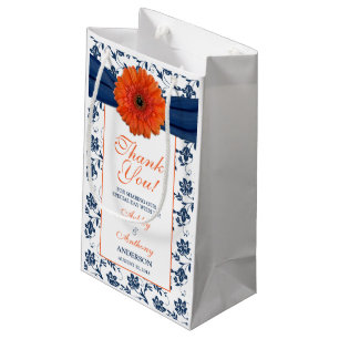 Wedding Welcome Gift Bag Orange Daisy Navy Damask
