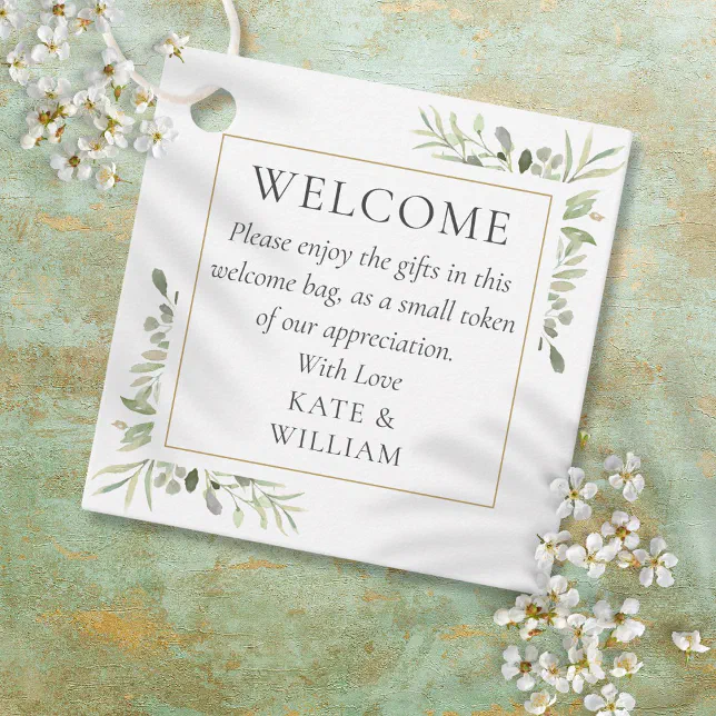 Wedding Welcome Gift Basket Bag Greenery Favor Tags | Zazzle