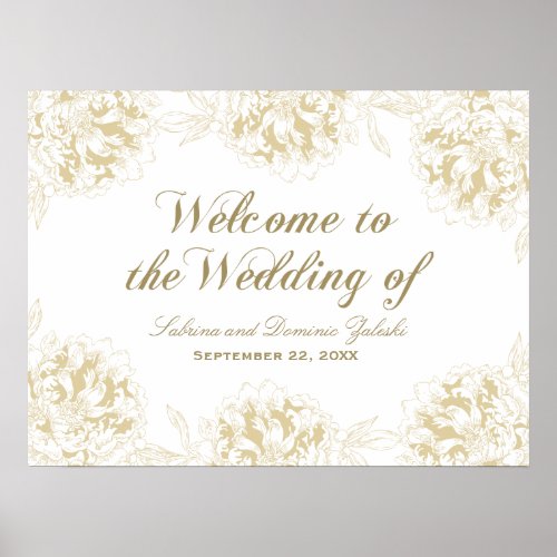 Wedding Welcome Gold Elegant Peony Floral Poster