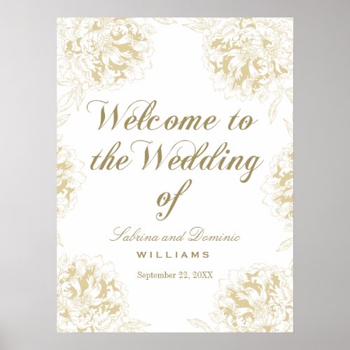 Wedding Welcome Gold Elegant Peony Floral Poster