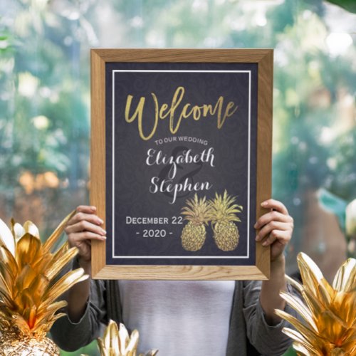 Wedding Welcome Golden Pineapple Couple Navy Blue Poster