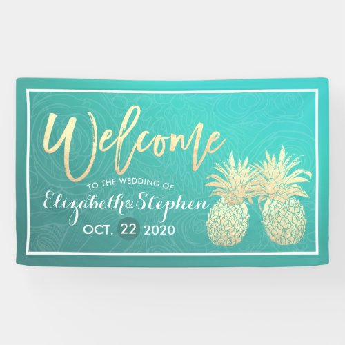Wedding Welcome Golden Pineapple Couple Teal Roses Banner