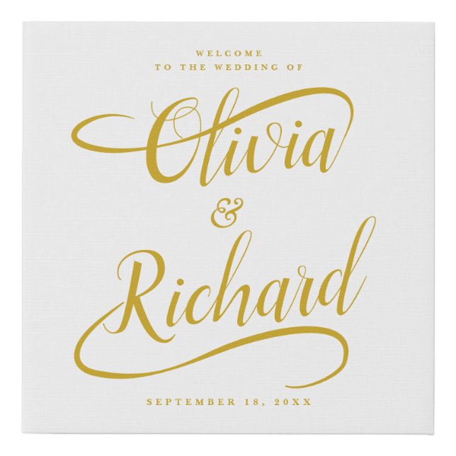 Wedding Welcome Handwritten Gold Calligraphy Faux Canvas Print (Front)
