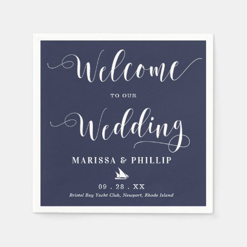 Wedding Welcome Handwritten Nautical Navy Blue Napkins