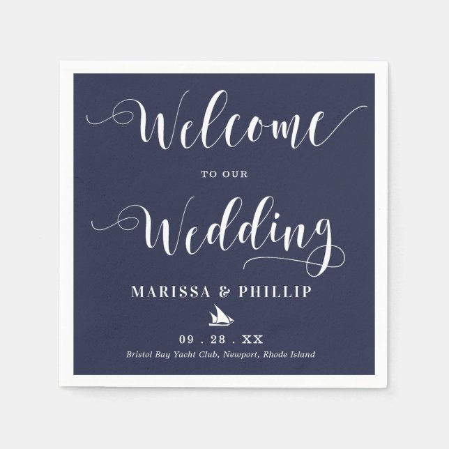 Wedding Welcome Handwritten Nautical Navy Blue Napkins (Front)
