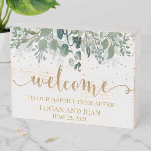 Wedding Welcome Happily Ever After Botanical Leaf Wooden Box Sign
