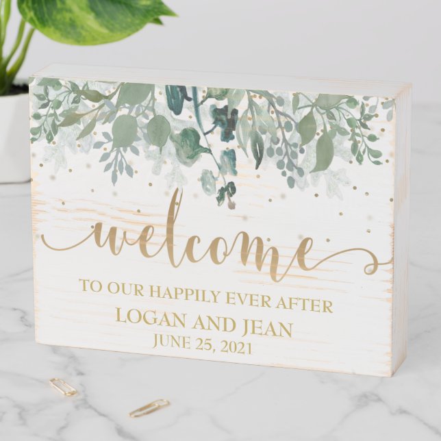 Wedding Welcome Happily Ever After Botanical Leaf Wooden Box Sign (In Situ Horizontal)