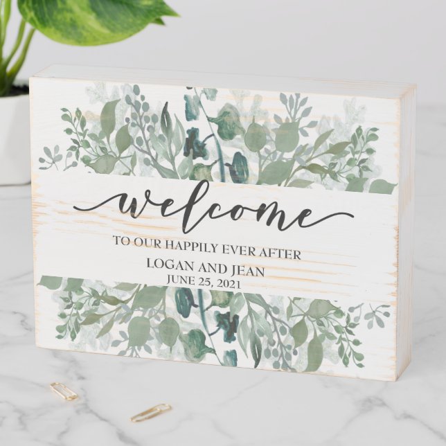 Wedding Welcome Happily Ever After Botanical Leaf Wooden Box Sign (In Situ Horizontal)