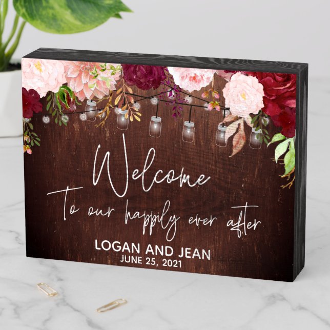 Wedding Welcome Happily Ever After Burgundy Flower Wooden Box Sign (In Situ Horizontal)