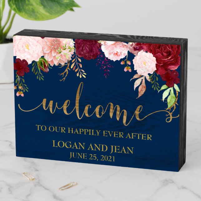 Wedding Welcome Happily Ever After Burgundy Navy Wooden Box Sign (In Situ Horizontal)
