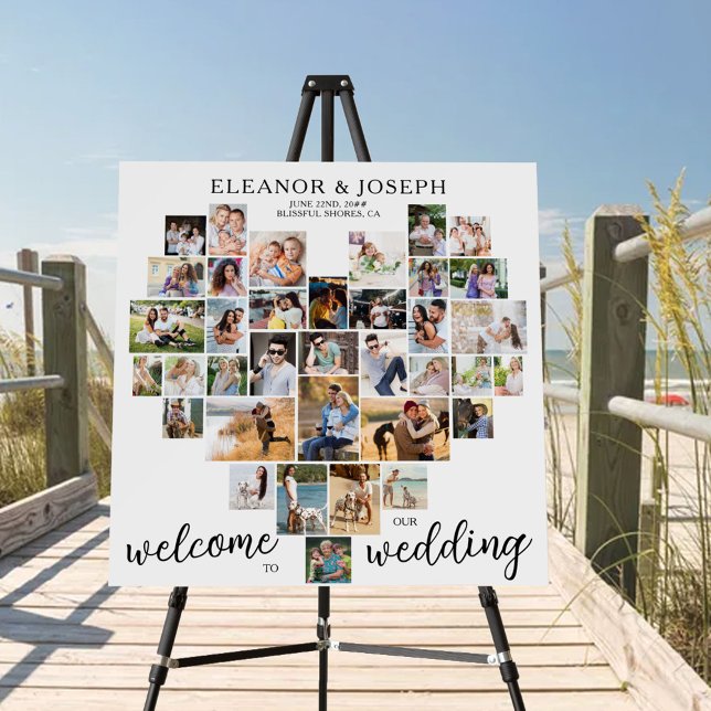 Wedding Welcome Heart Shape Photo Collage Square Foam Board (Creator Uploaded)