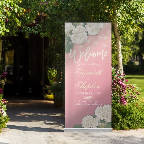 Wedding Welcome Hydrangea Flower String Light Pink Retractable Banner