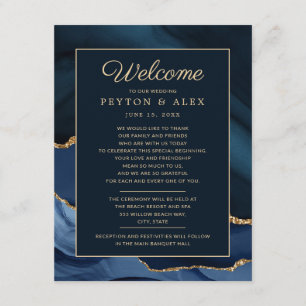 Wedding Welcome Itinerary Navy Blue Gold Marble Enclosure Card