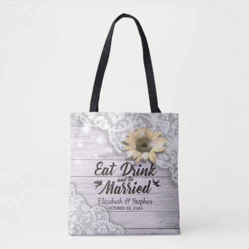 Wedding Welcome Lace Sunflower Rustic Wood Lights Tote Bag