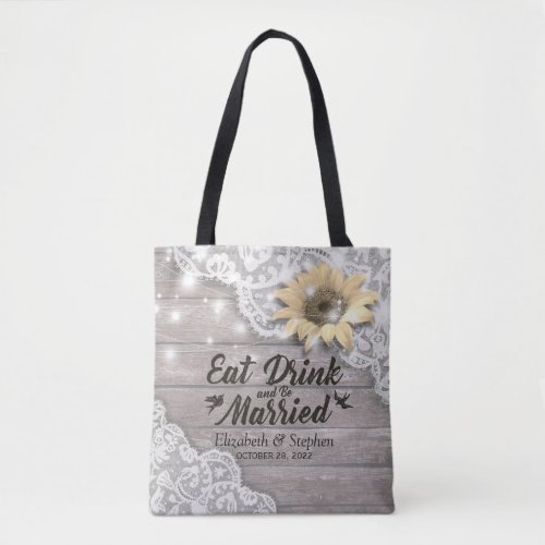 Wedding Welcome Lace Sunflower Rustic Wood Lights Tote Bag