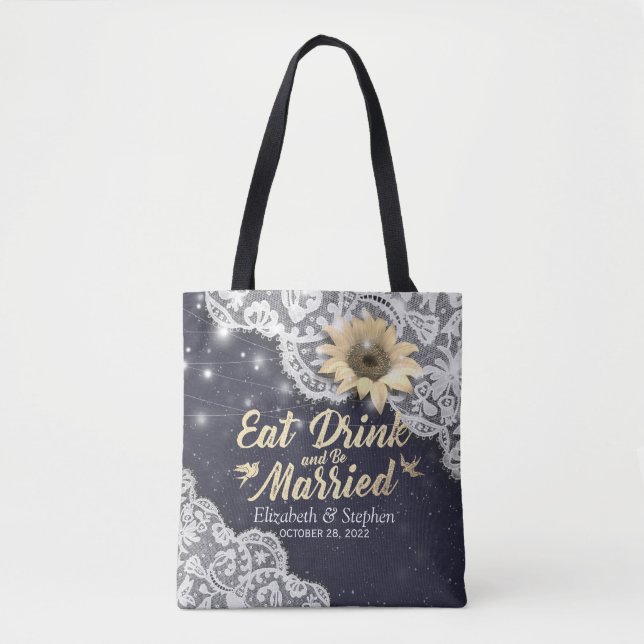 Wedding Welcome Lace Sunflowers Chic String Lights Tote Bag (Front)