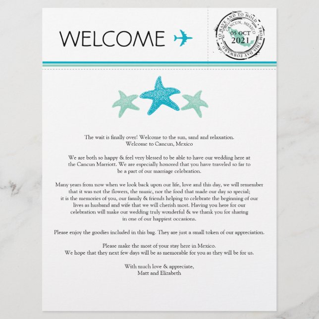 Wedding Welcome Letter for Cancun Mexico (Front)
