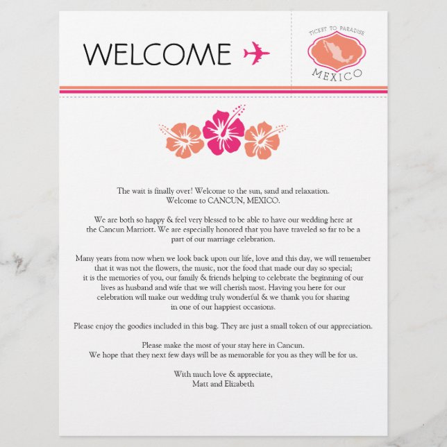 Wedding Welcome Letter for Mexico (Front)