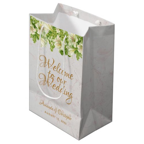 Wedding Welcome Marble White Lilies Floral Medium Gift Bag