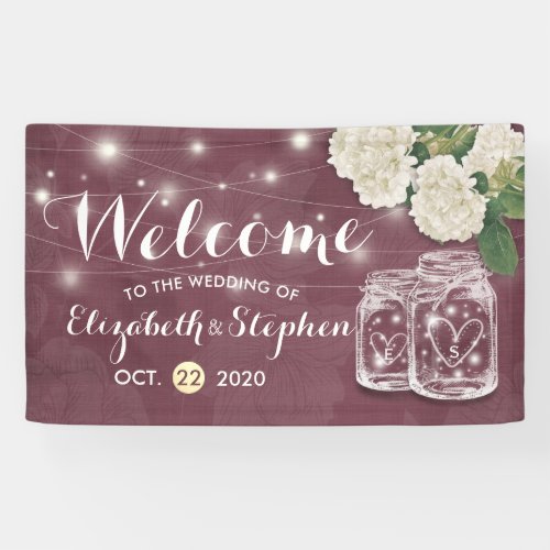 Wedding Welcome Mason Jars Hydrangea String Lights Banner