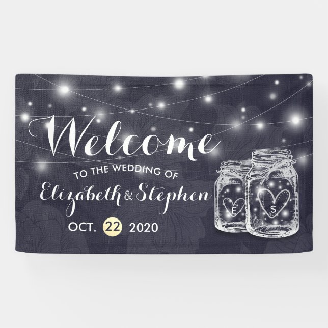 Wedding Welcome Mason Jars String Lights Navy Blue Banner (Horizontal)