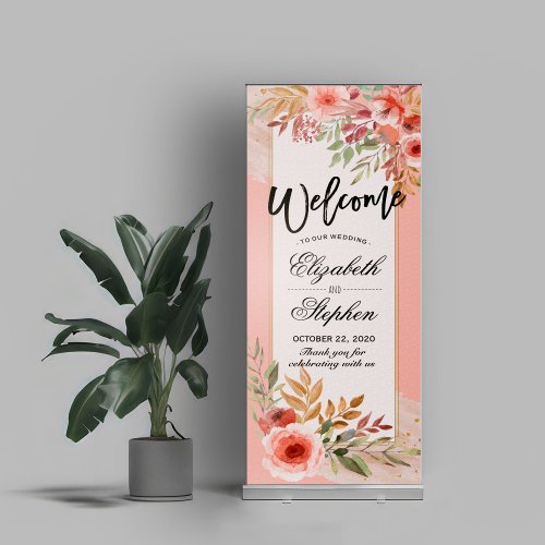 Wedding Welcome Modern Elegant Chic Pink Flowers Retractable Banner