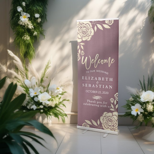 Wedding Welcome Modern Golden Roses Burgundy Red Retractable Banner (Creator Uploaded)