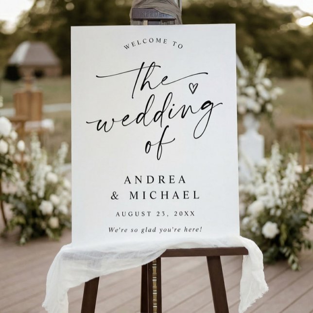 Wedding Welcome Modern Handwriting Heart Foam Board (Black and white wedding welcome sign with handwritten script and heart on foam board)