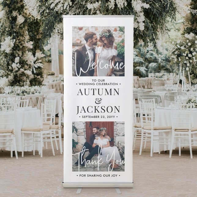 Wedding Welcome Modern Handwritten Script 2 Photo Retractable Banner (Creator Uploaded)