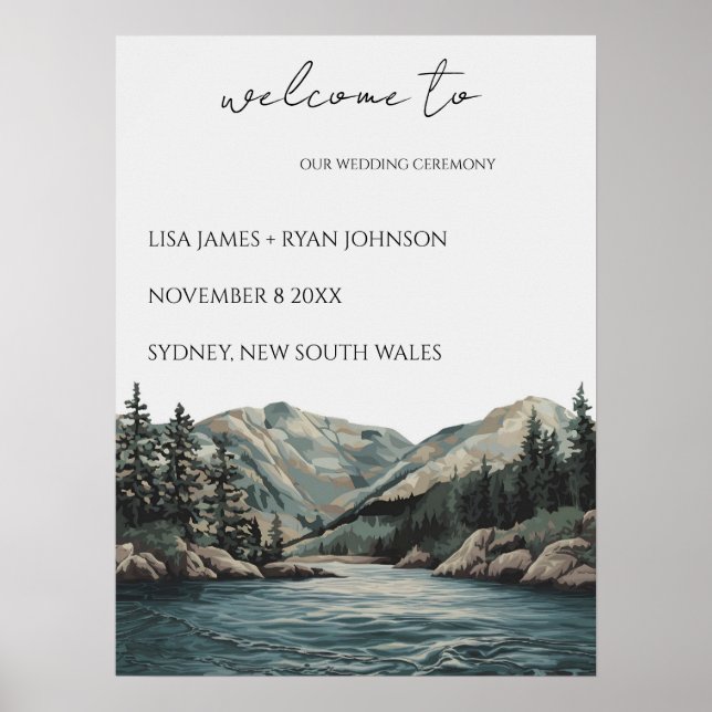 Wedding Welcome Mountain Lake Pine Tree Watercolor Poster (Front)