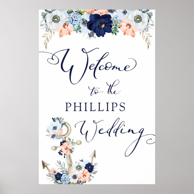 Wedding Welcome Nautical Floral Anchor Poster (Front)