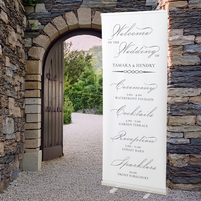 Wedding Welcome Order of Events Script Calligraphy Retractable Banner (Wedding Welcome Banner with Order of Events in Script Calligraphy by Darling & May)