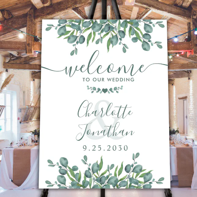 Wedding Welcome Personalized Eucalyptus Greenery Foam Board | Zazzle