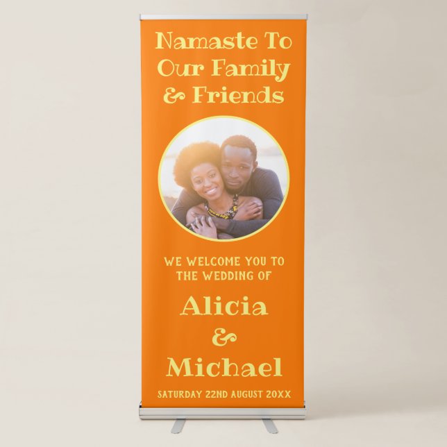 Wedding Welcome | Photo And Name Orange Yellow Retractable Banner (Front)
