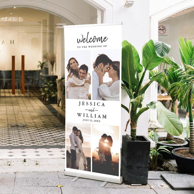 Wedding Welcome Photo Collage Retractable Banner (Make a grand entrance and warmly welcome your guests with this elegant wedding retractable banner!)