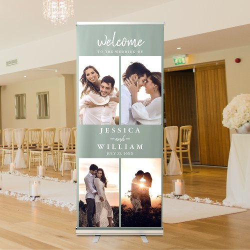 Wedding Welcome Photo Collage Sage green Retractable Banner