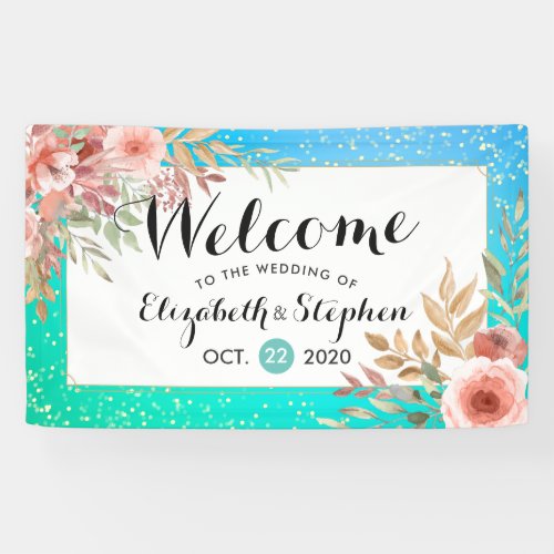 Wedding Welcome Pink Flowers Teal  Gold Confetti Banner