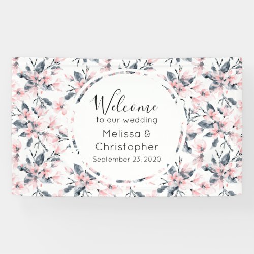 Wedding Welcome Pink  Gray Floral Pattern Banner