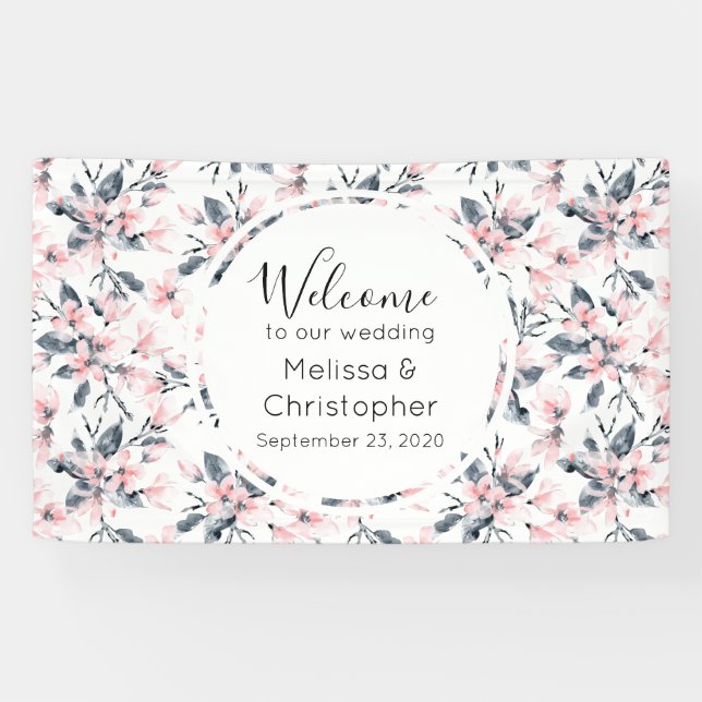 Wedding Welcome Pink & Gray Floral Pattern Banner (Horizontal)
