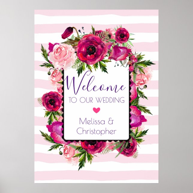 Wedding Welcome Pink Rose & Poppy Floral Bouquet Poster (Front)