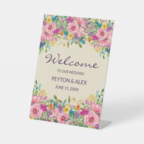 Wedding Welcome Pink Yellow Watercolor Floral  Pedestal Sign
