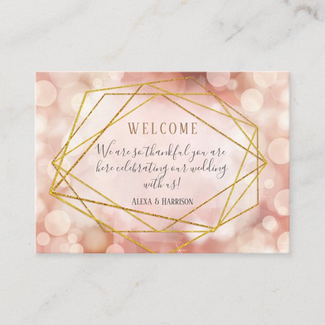 Wedding Welcome Place Cards Geometric Bokeh Pink (Front)