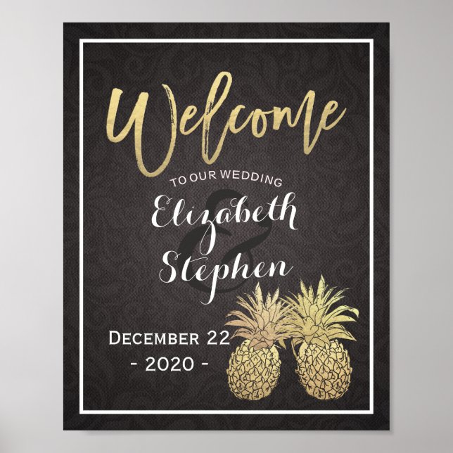 Wedding Welcome Poster Black Gold Pineapple Couple (Front)