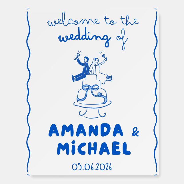 Wedding Welcome Poster – Blue Cake Illustration  (Front)